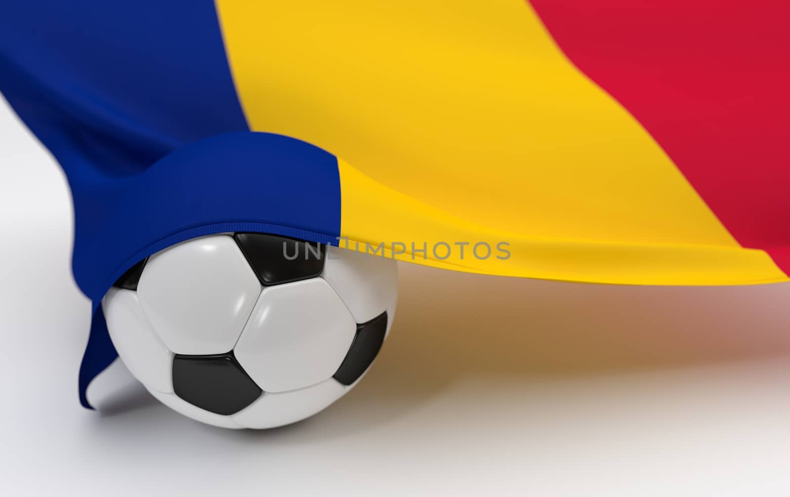 Romania flag and soccer ball on white backgrounds