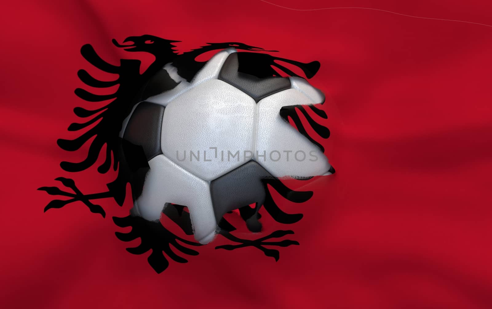 Flag of Albania and soccer ball, hole in flag