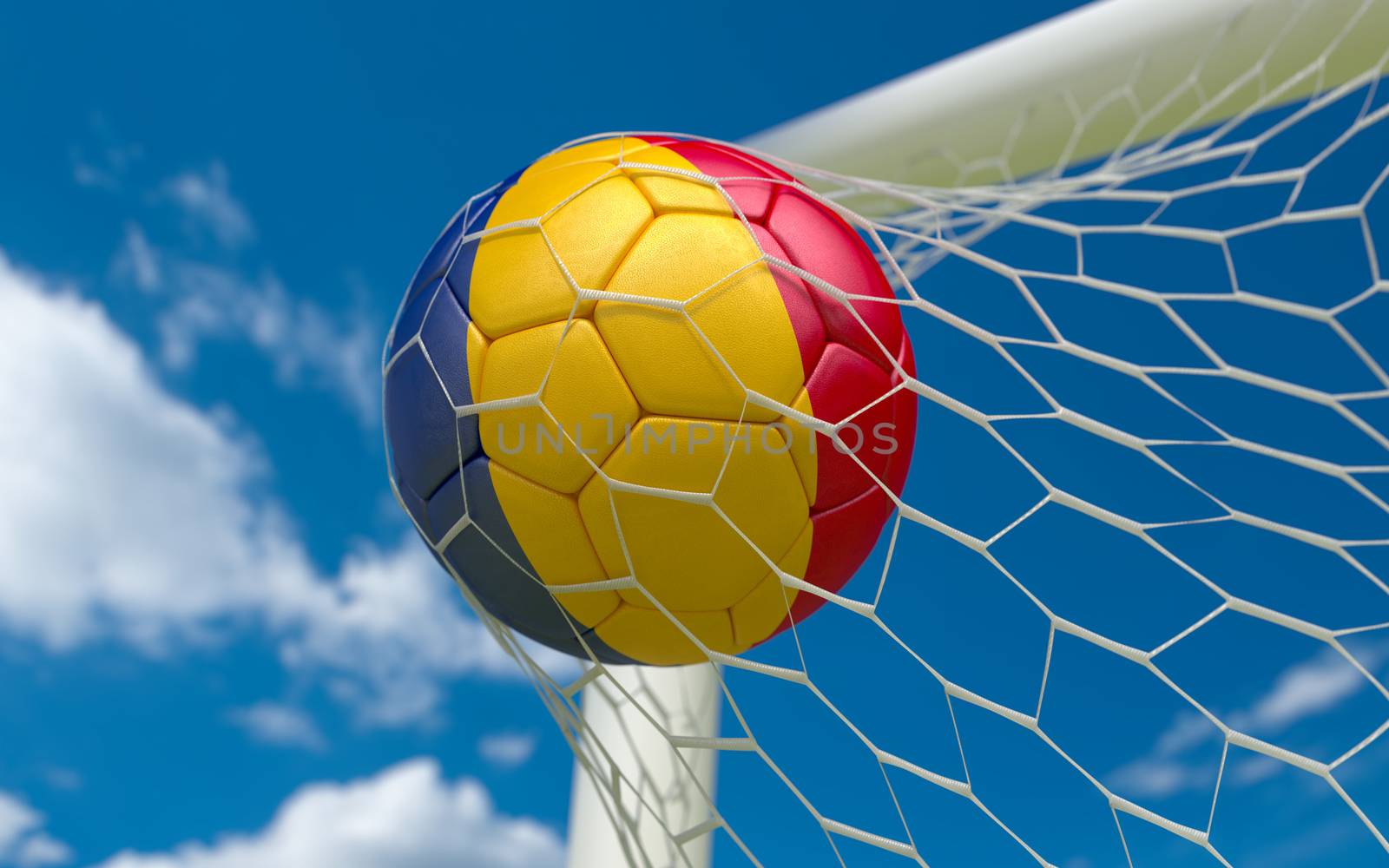 Romania flag and soccer ball in goal net by Barbraford