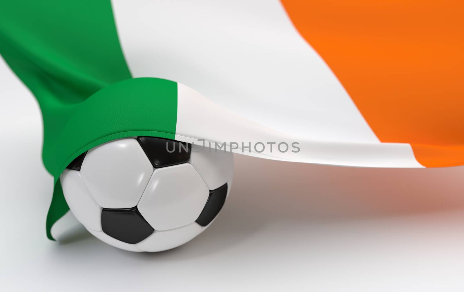 Ireland flag and soccer ball on white backgrounds