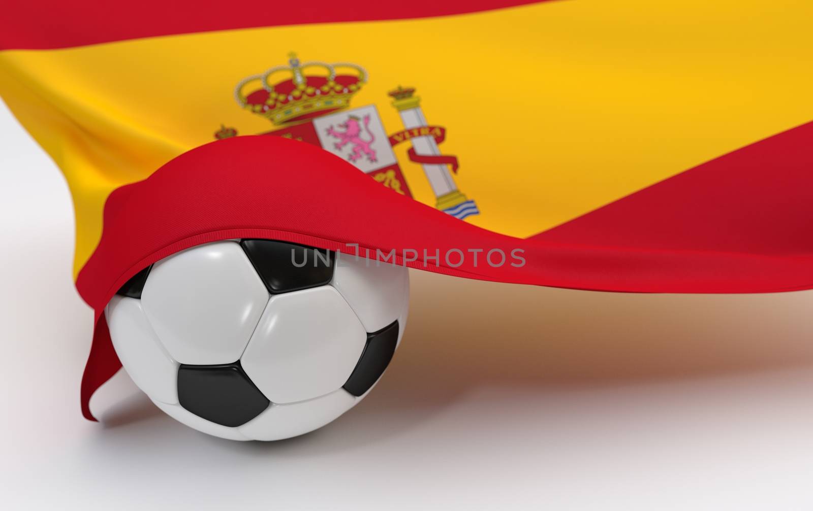 Spain flag and soccer ball on white backgrounds