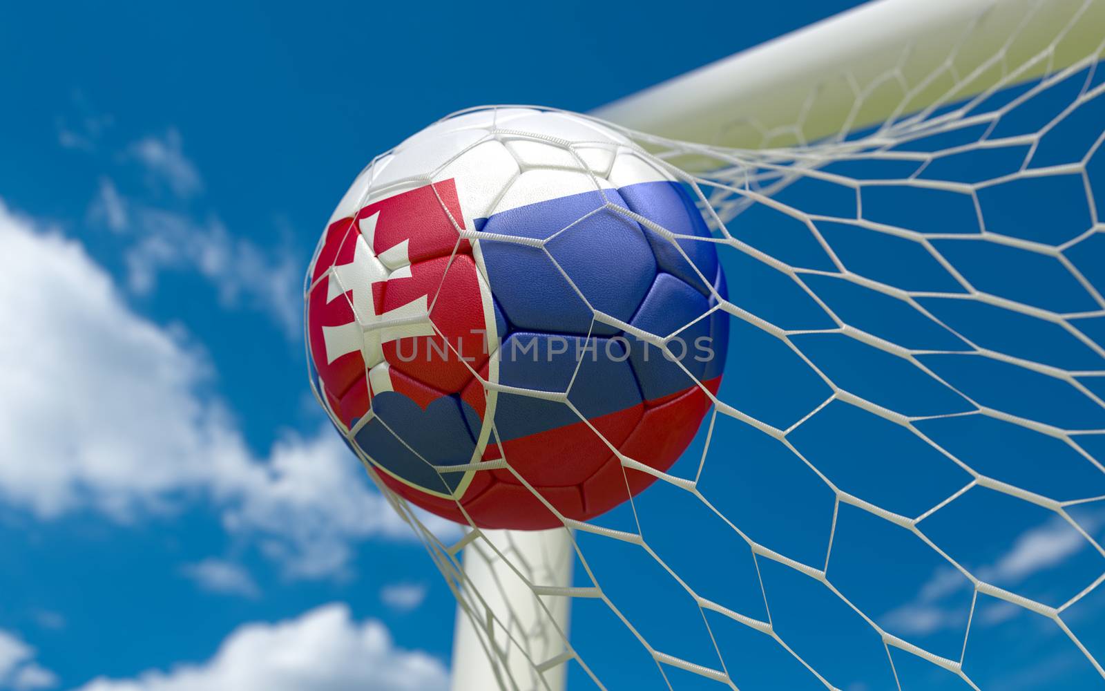 Flag of Slovakia and soccer ball in goal net by Barbraford
