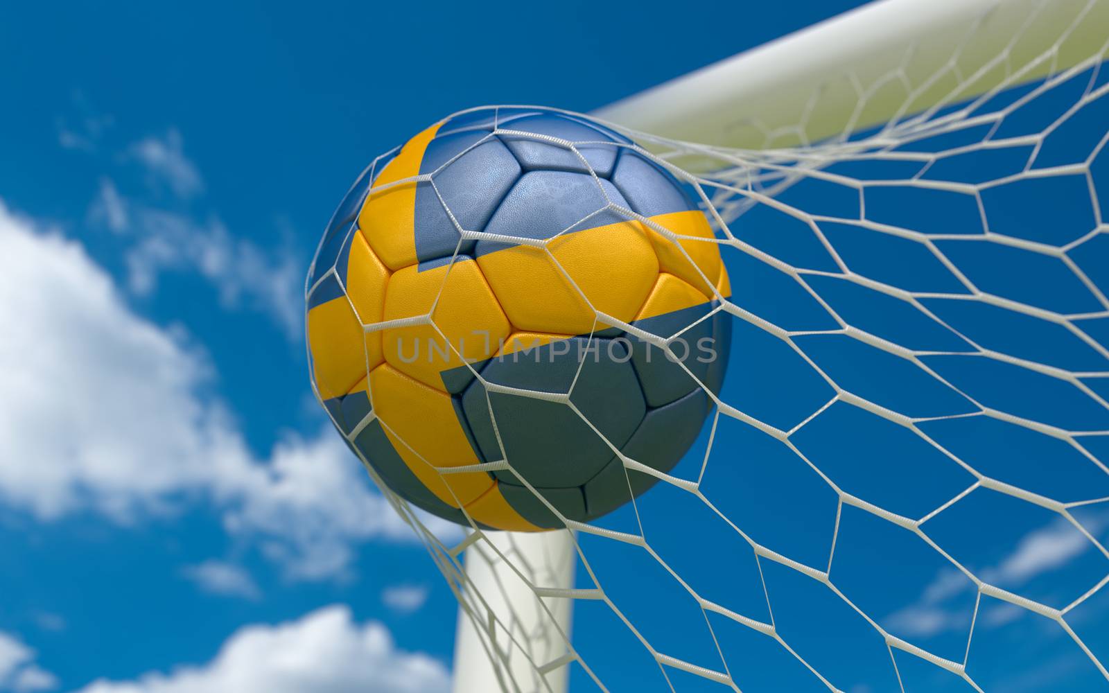 Sweden flag and soccer ball, football in goal net