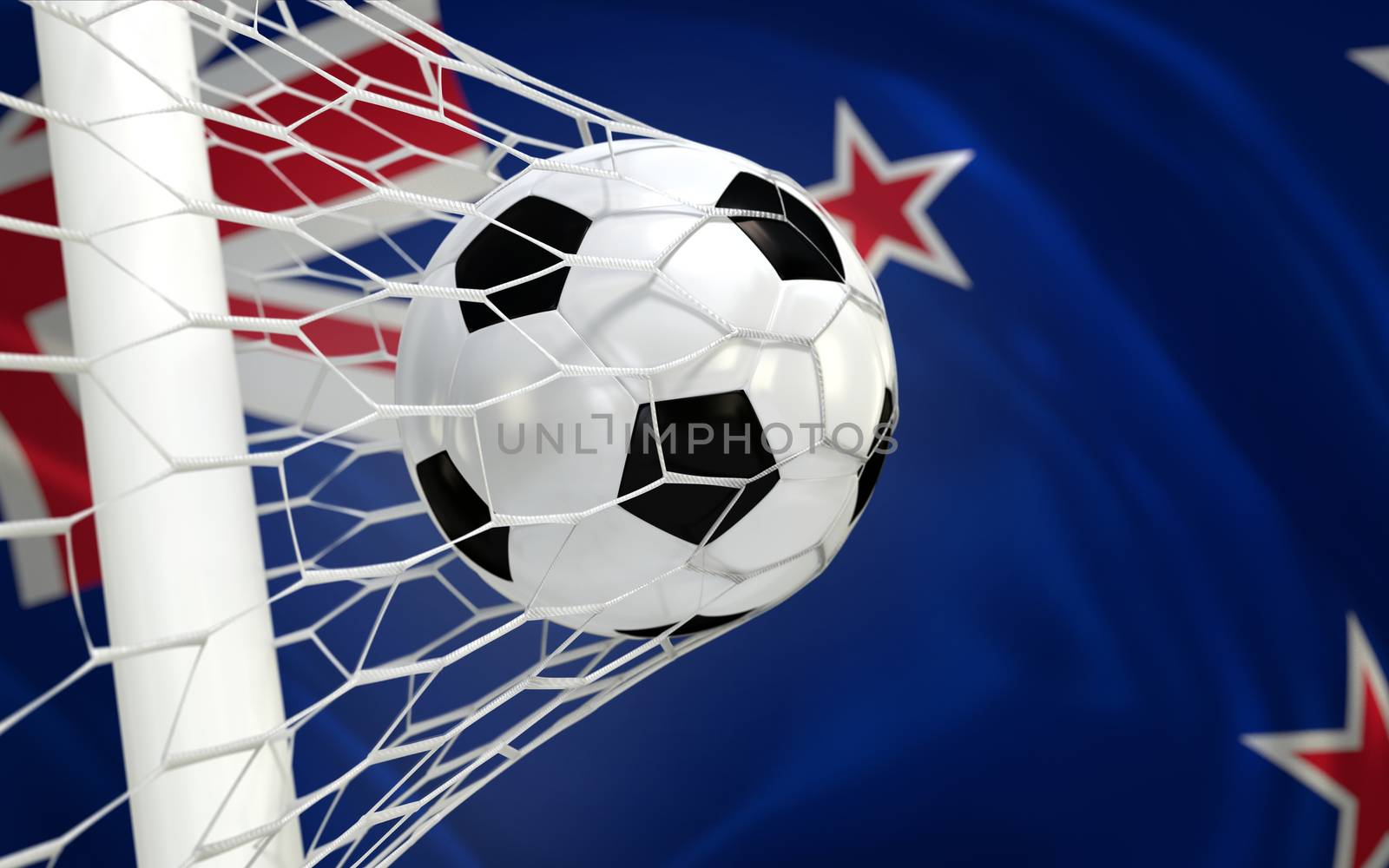 New Zealand flag and soccer ball, football in goal net