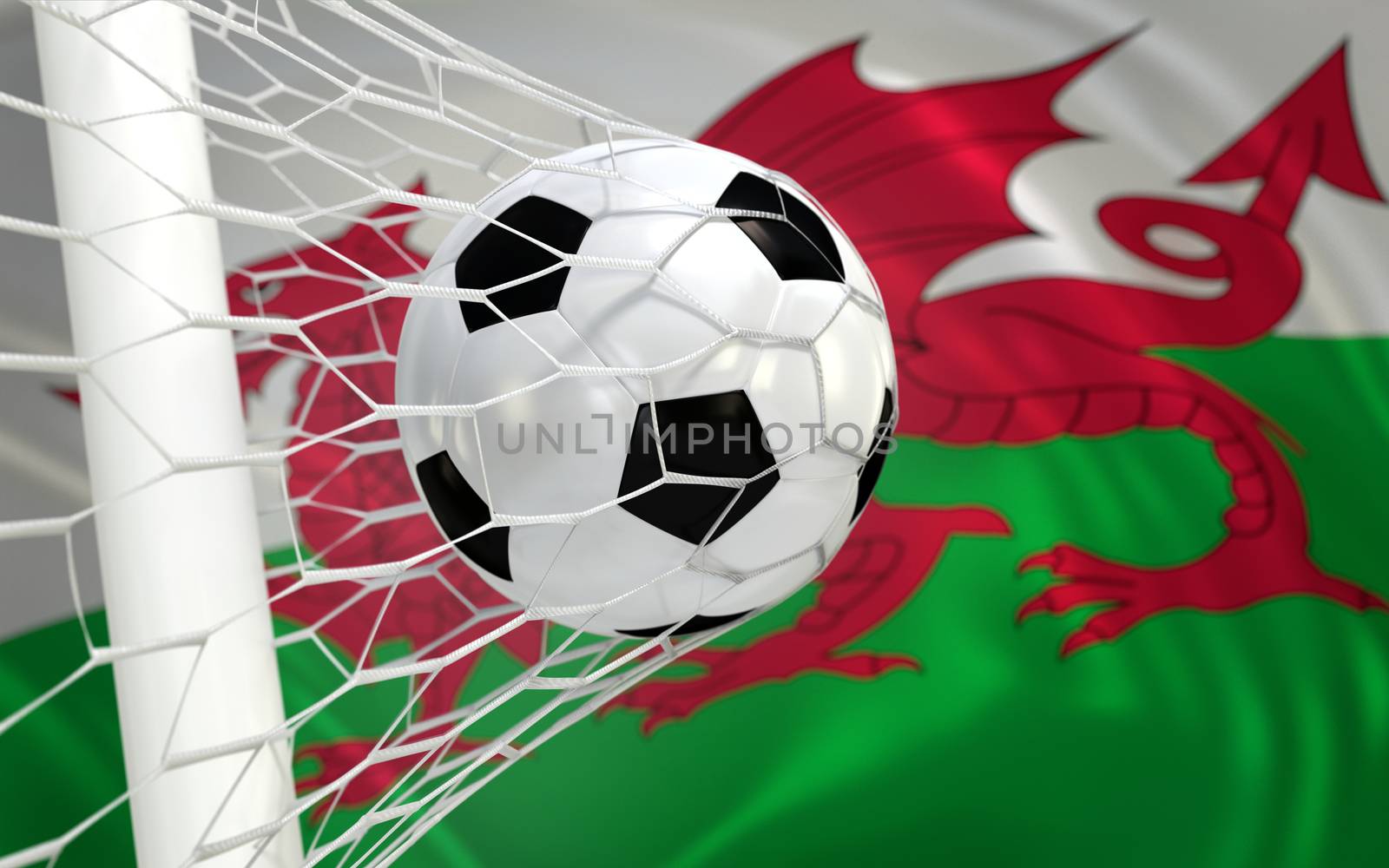 Wales flag and soccer ball, football in goal net
