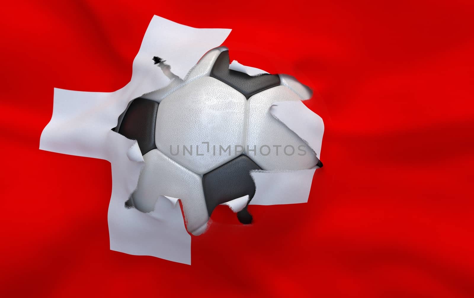 Flag of Switzerland and soccer ball, hole in flag