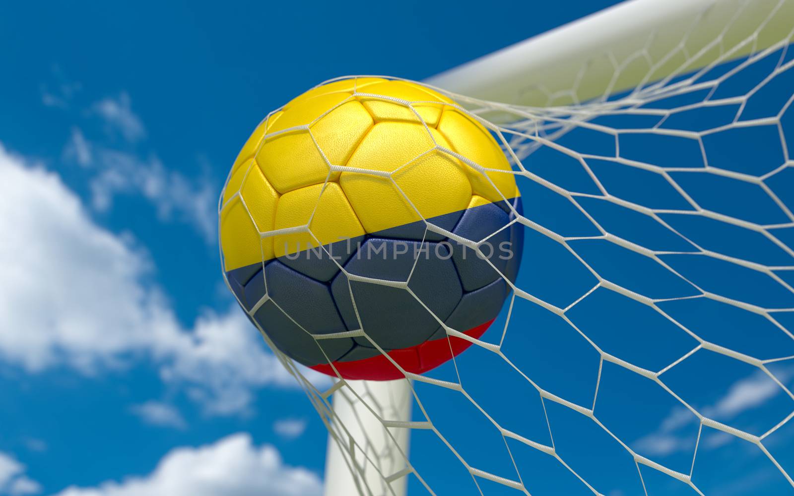 Colombia flag and soccer ball in goal net by Barbraford