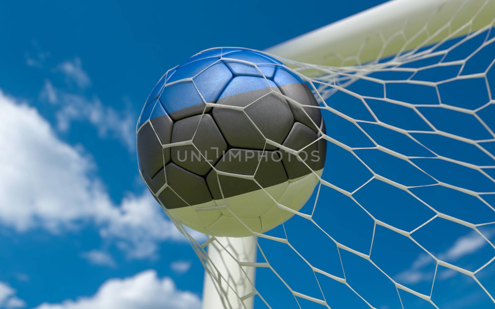 Estonia flag and soccer ball, football in goal net