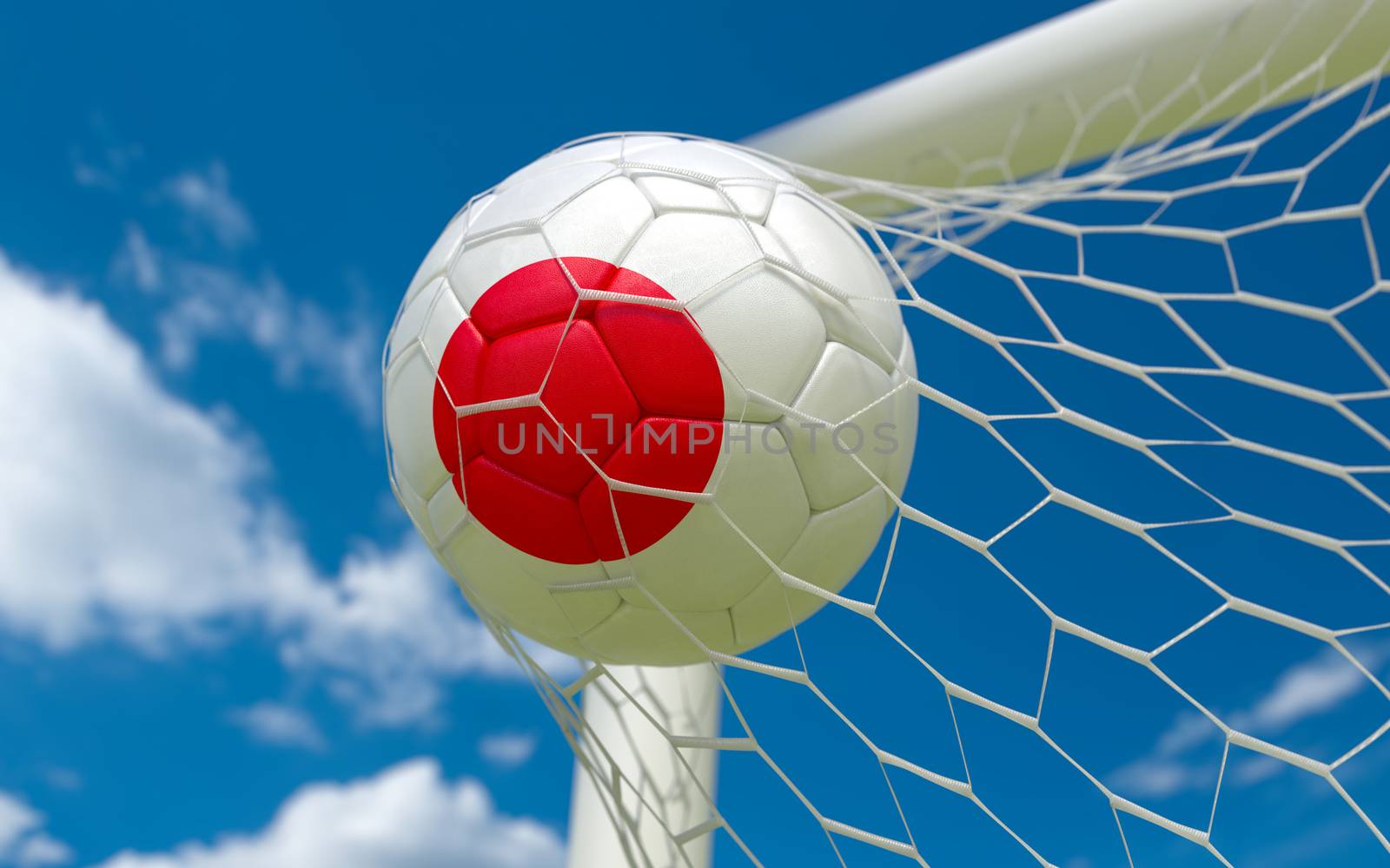 Japan flag and soccer ball, football in goal net