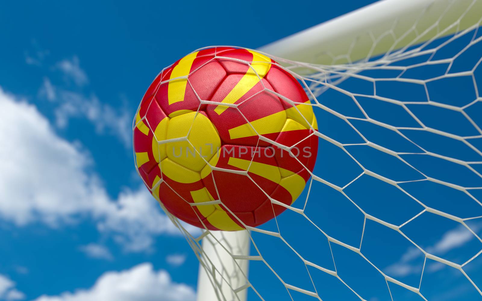 Macedonia flag and soccer ball, football in goal net