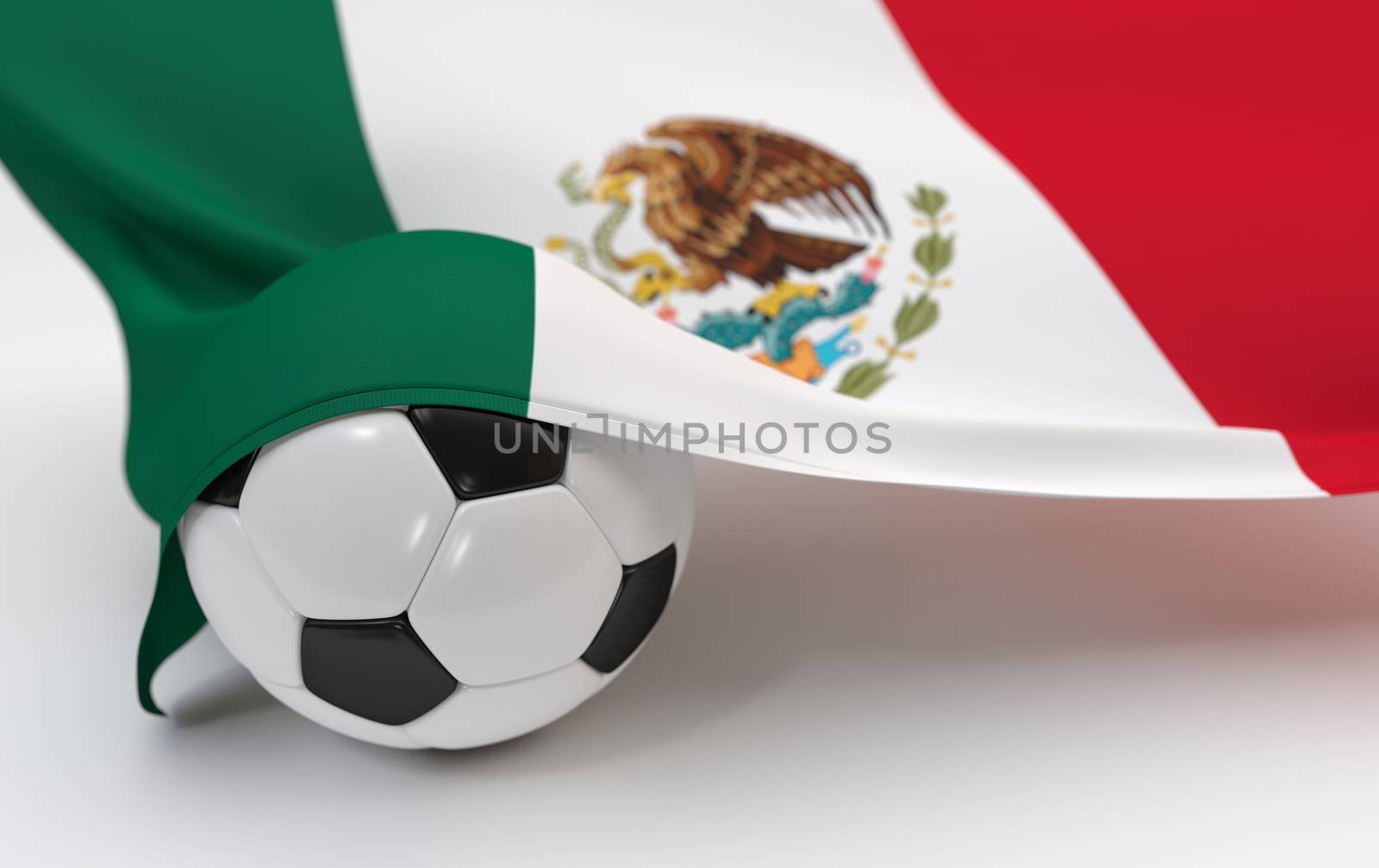 Mexican flag and soccer ball on white backgrounds