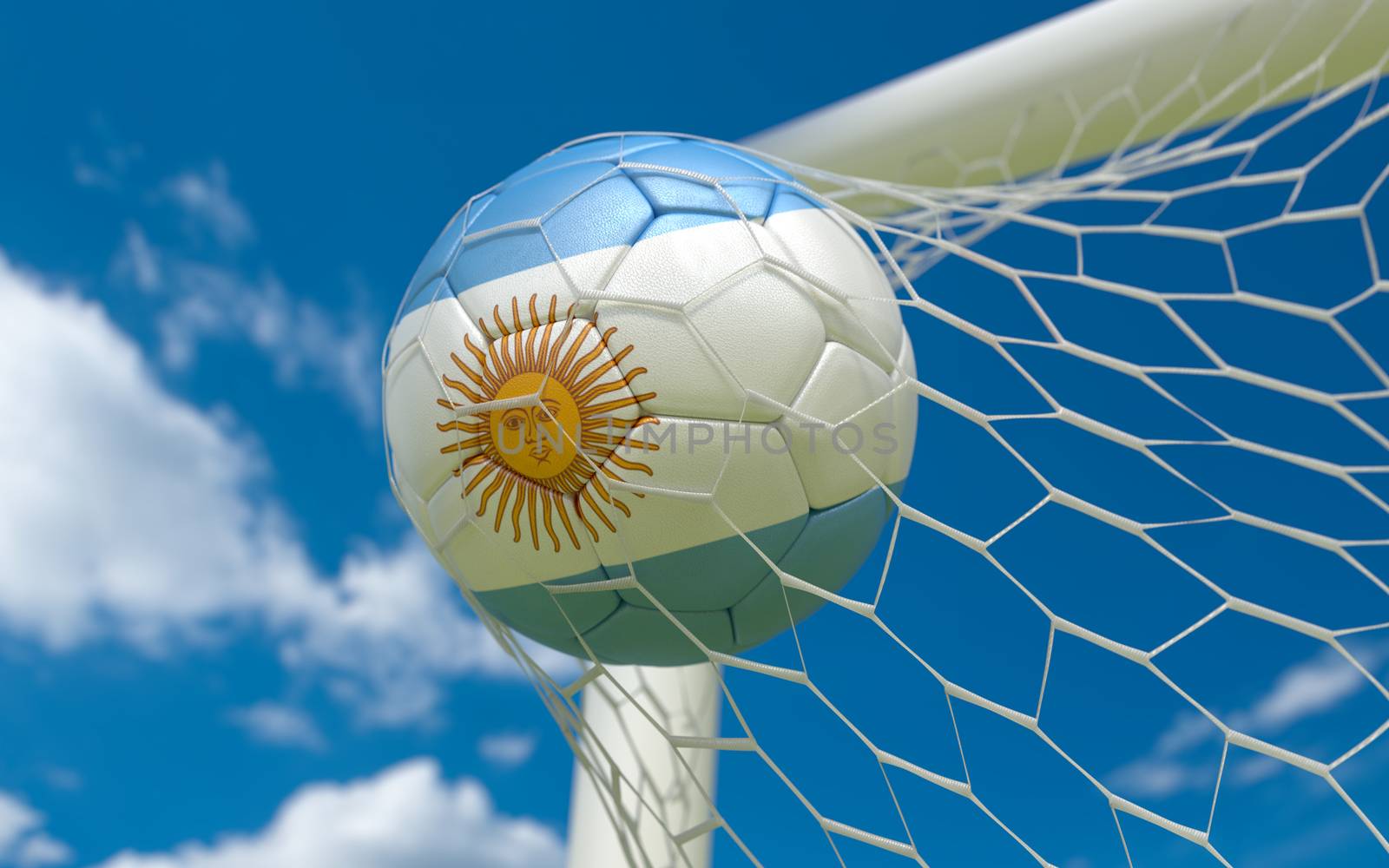 Argentina flag and soccer ball, football in goal net