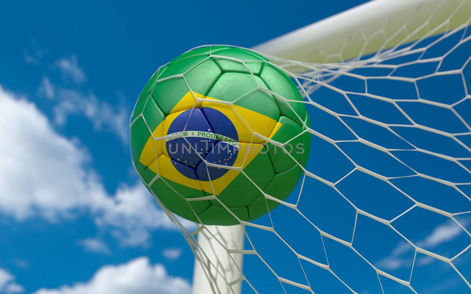 Brazil flag and soccer ball, football in goal net