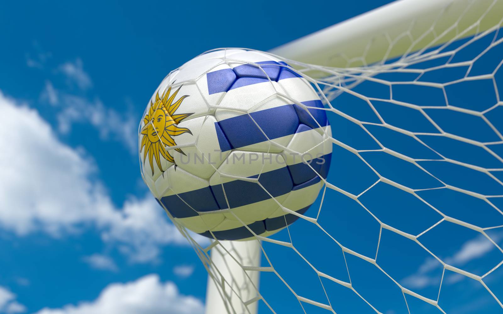 Uruguay flag and soccer ball, football in goal net