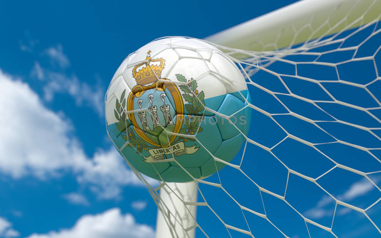 San Marino flag and soccer ball, football in goal net