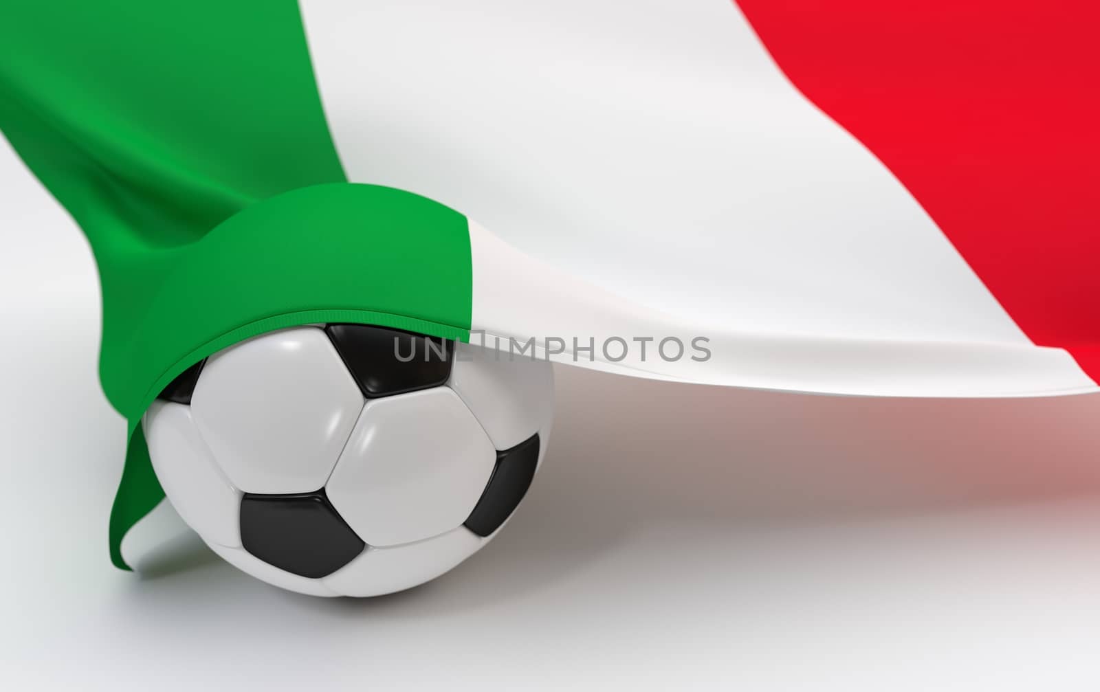 Italy flag and soccer ball on white backgrounds