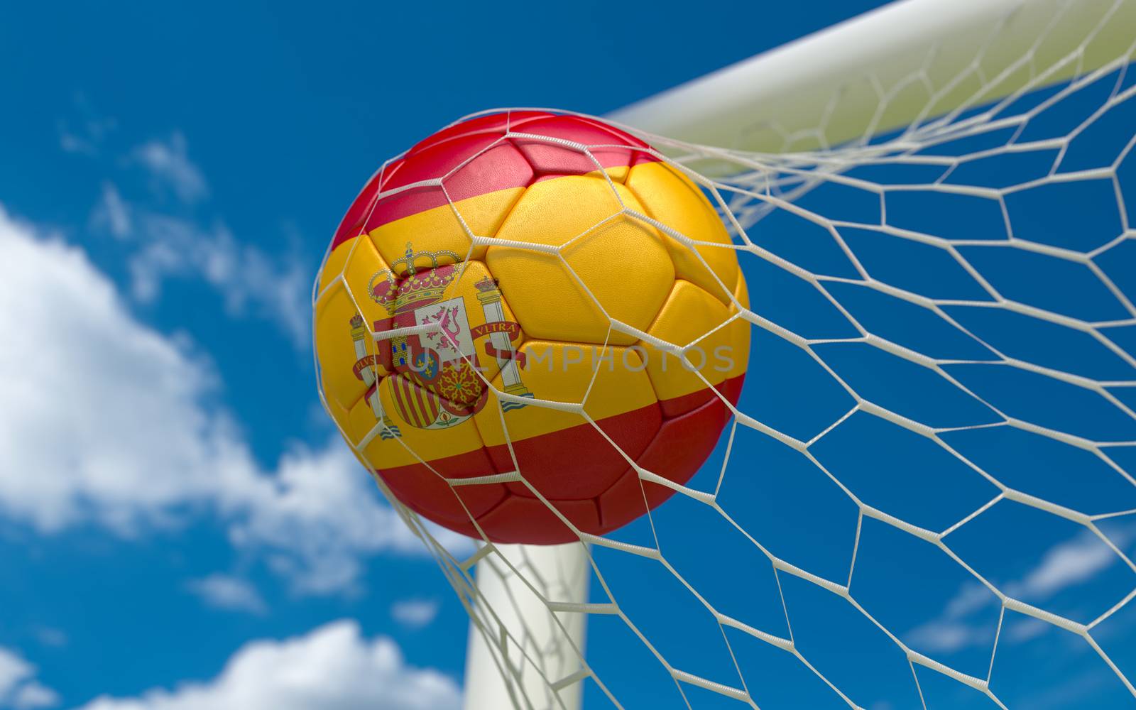 Spain flag and soccer ball, football in goal net