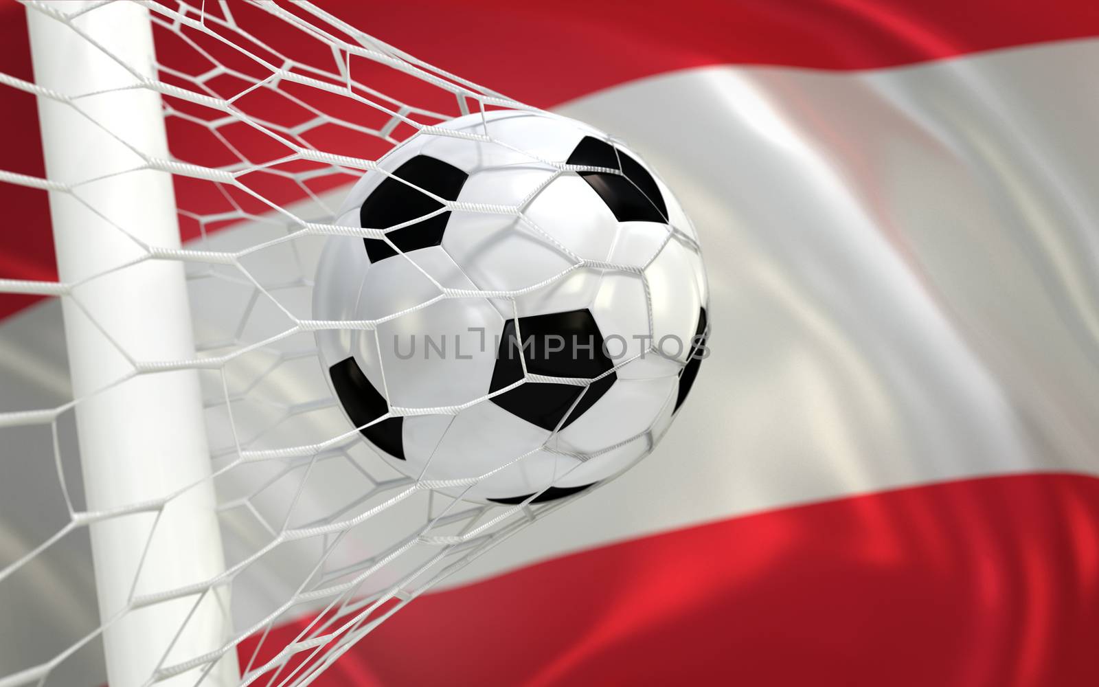 Austria flag and soccer ball, football in goal net