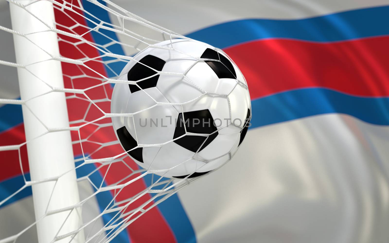 Faroe Islands flag and soccer ball, football in goal net