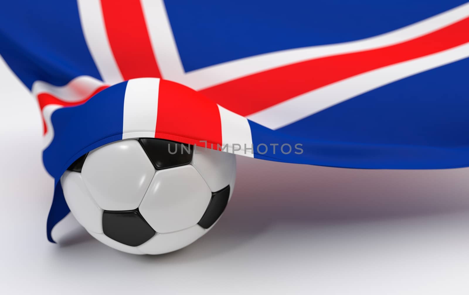 Iceland flag and soccer ball on white backgrounds