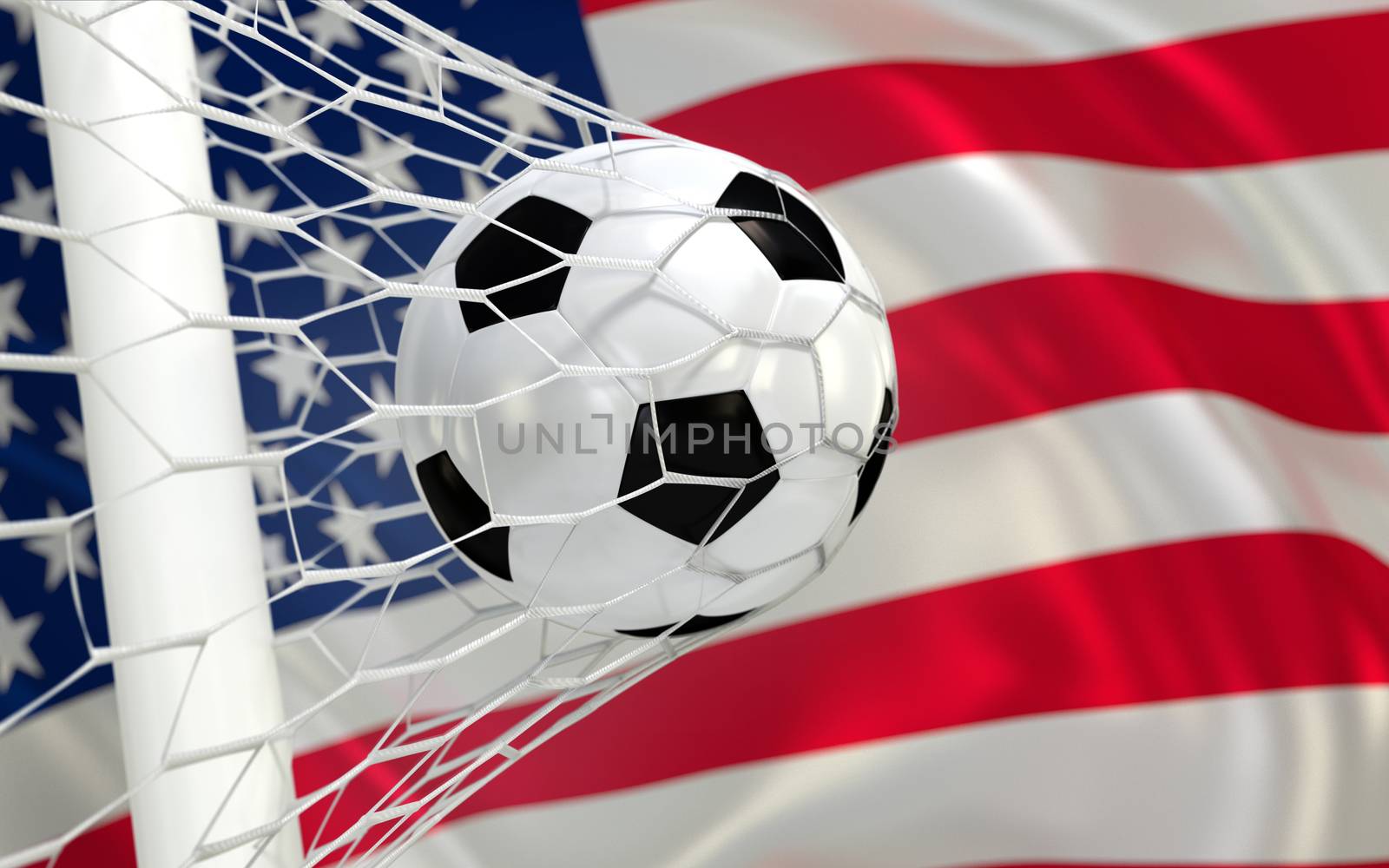 USA flag and soccer ball, football in goal net