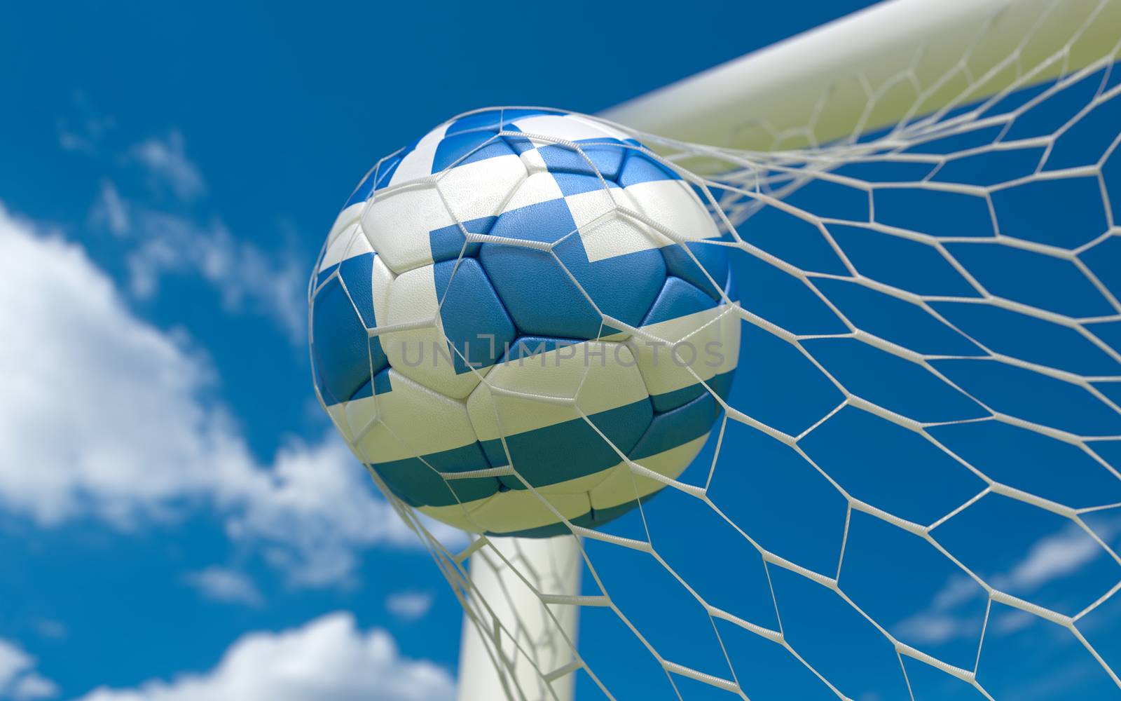 Greece flag and soccer ball in goal net by Barbraford