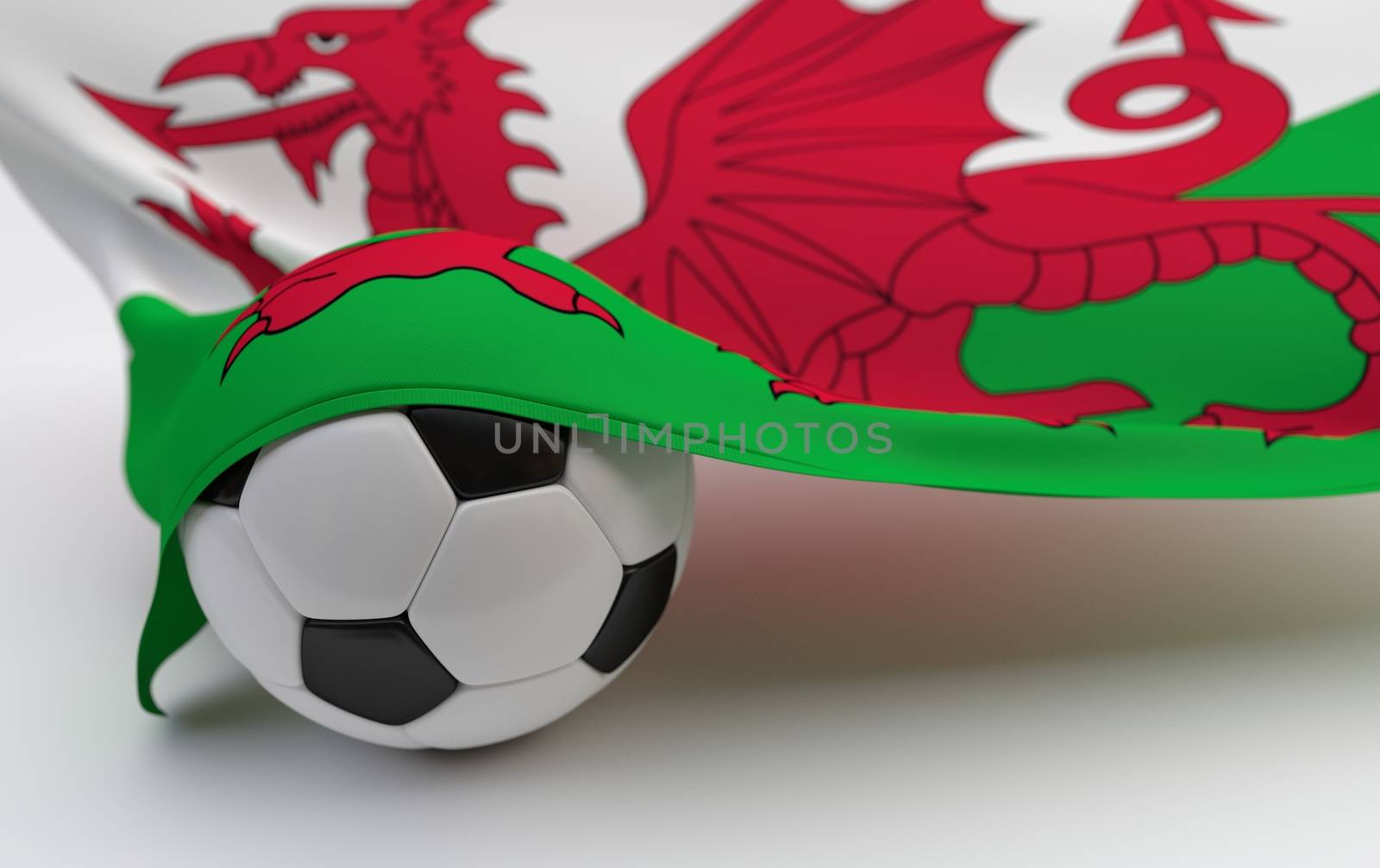 Wales flag and soccer ball on white backgrounds