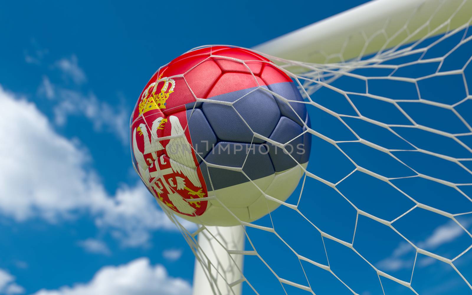 Flag of Serbia and soccer ball in goal net by Barbraford