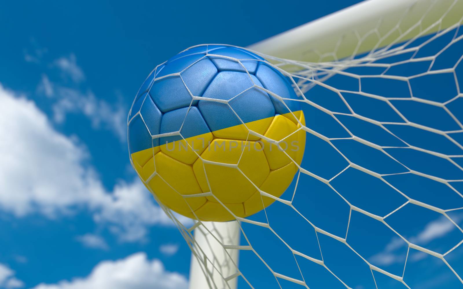 Ukraine flag and soccer ball in goal net by Barbraford