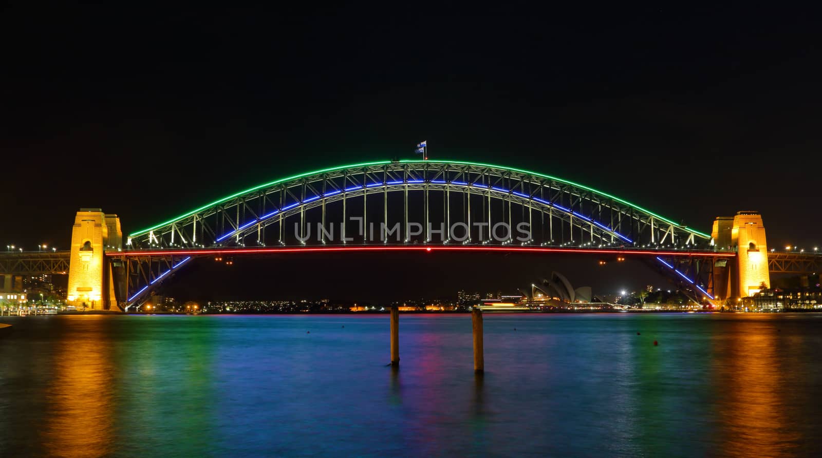 SYDNEY, AUSTRALIA - MAY 21, 2015;  Sydney Harbour Bridge lights preview for Vivid Sydney 2015