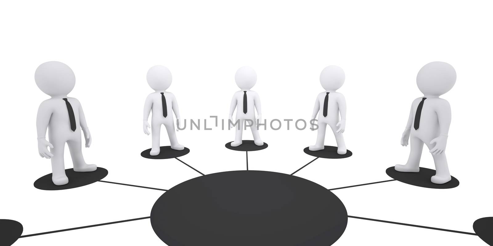 Set of puppet people around one puppet on isolated white background, side view