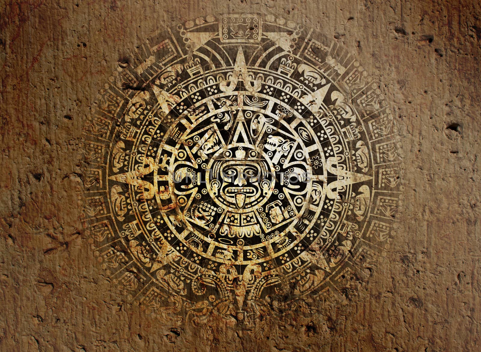 Background in American Indian Style with Aztec calendar on old stone