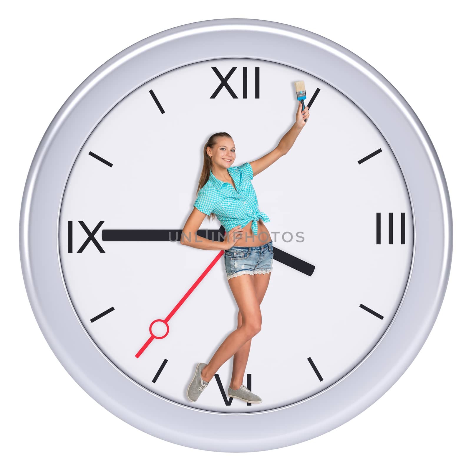 Young woman standing in center of clock with paint brush on isolated white background