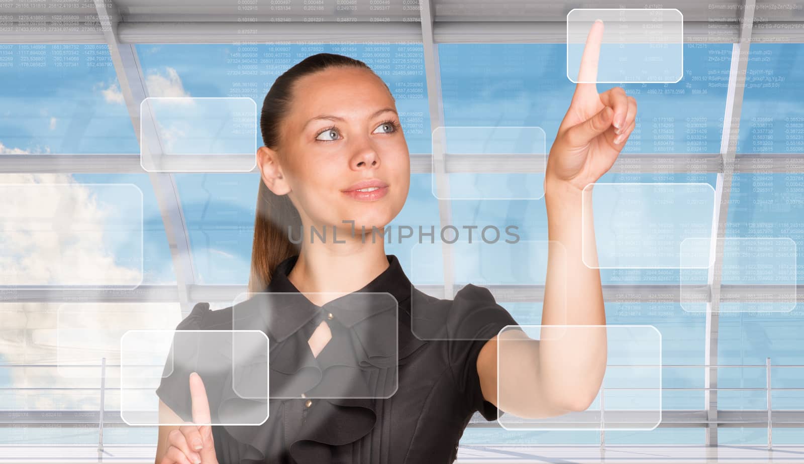Smiling businesswoman in dress pressing on holographic screen with squares and numbers