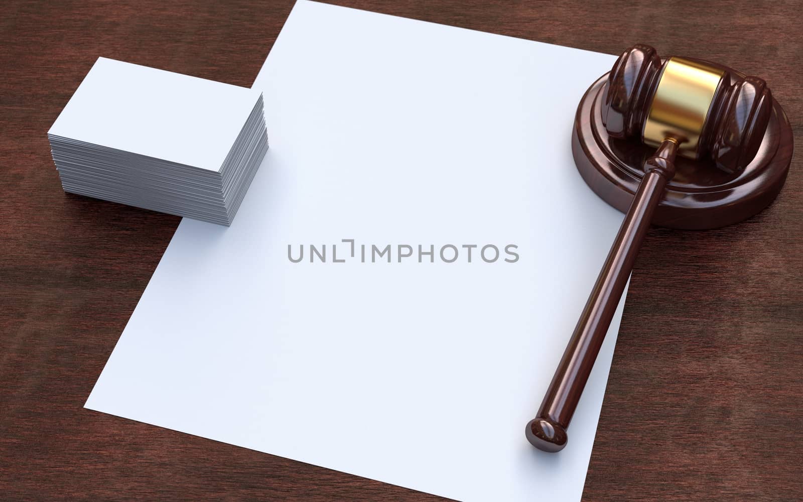 Judge, wooden gavel on the brown wooden background with white, blank paper and business cards. Mockup