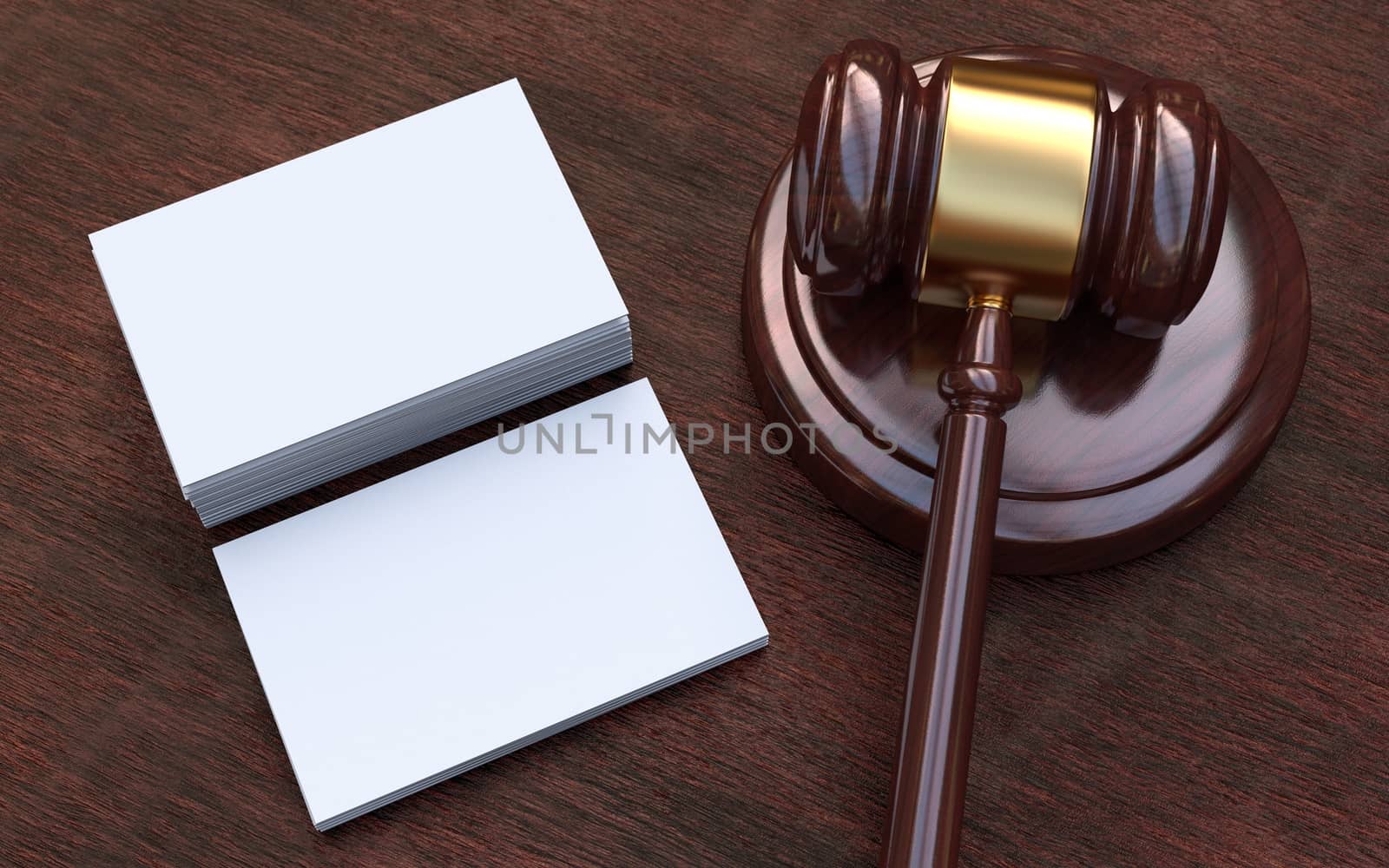 Judge, wooden gavel on the brown wooden background with white, blank business cards. Mockup