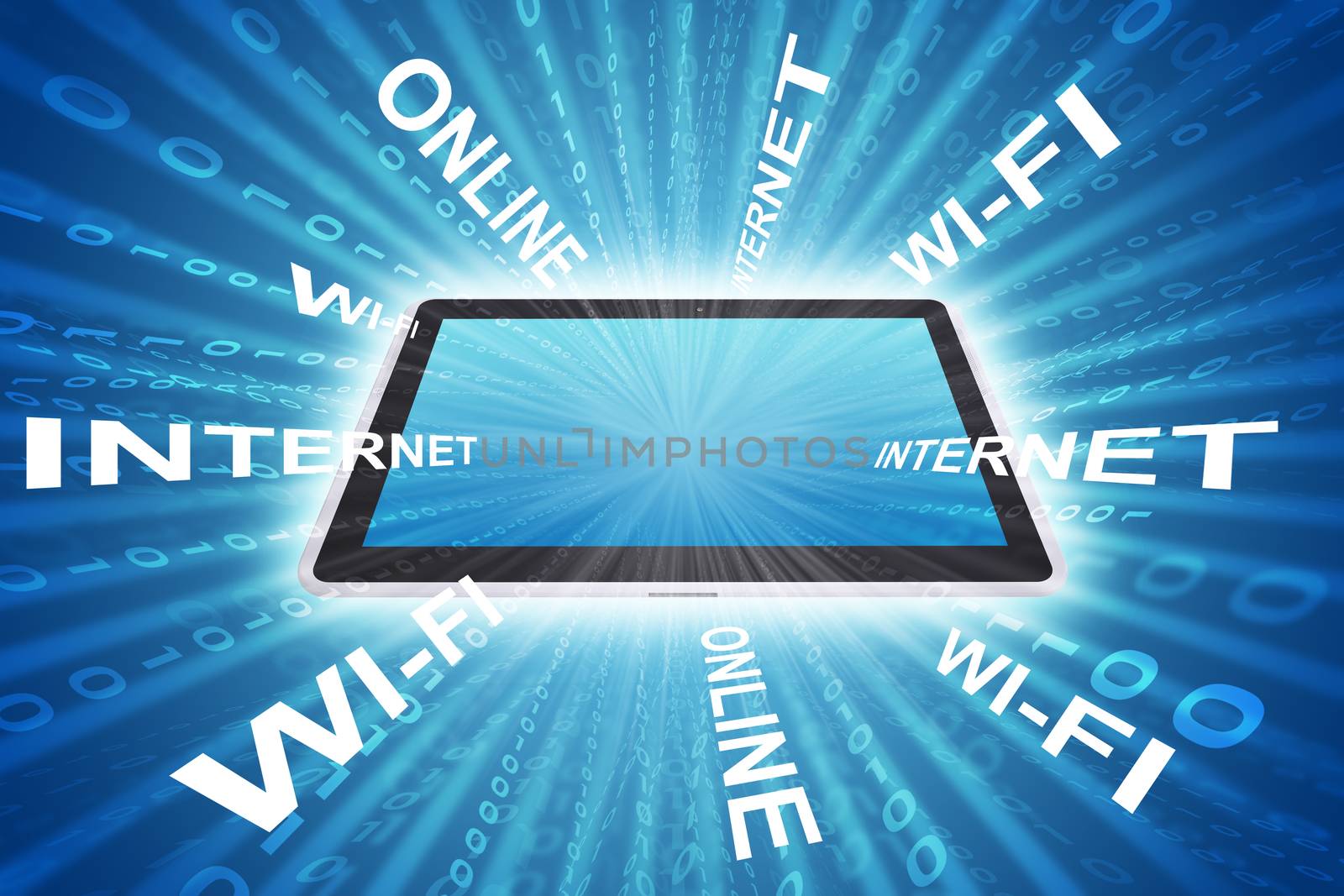 Tablet on abstract blue background with business words