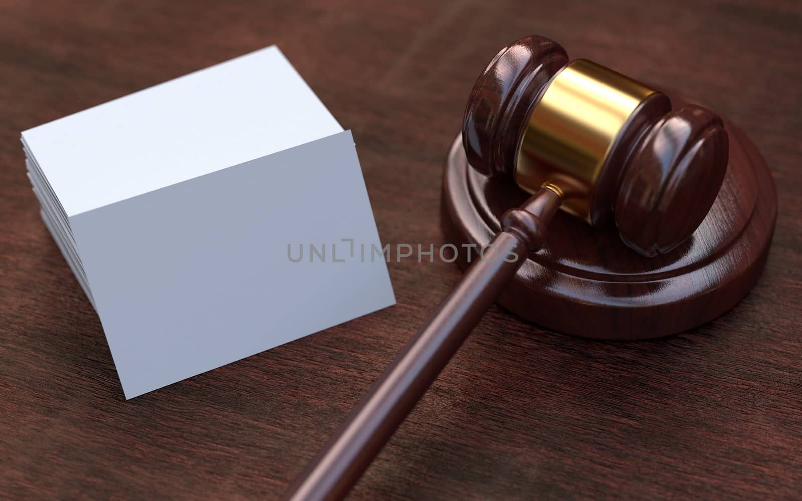Judge, wooden gavel on the brown wooden background with white, blank business cards. Mockup