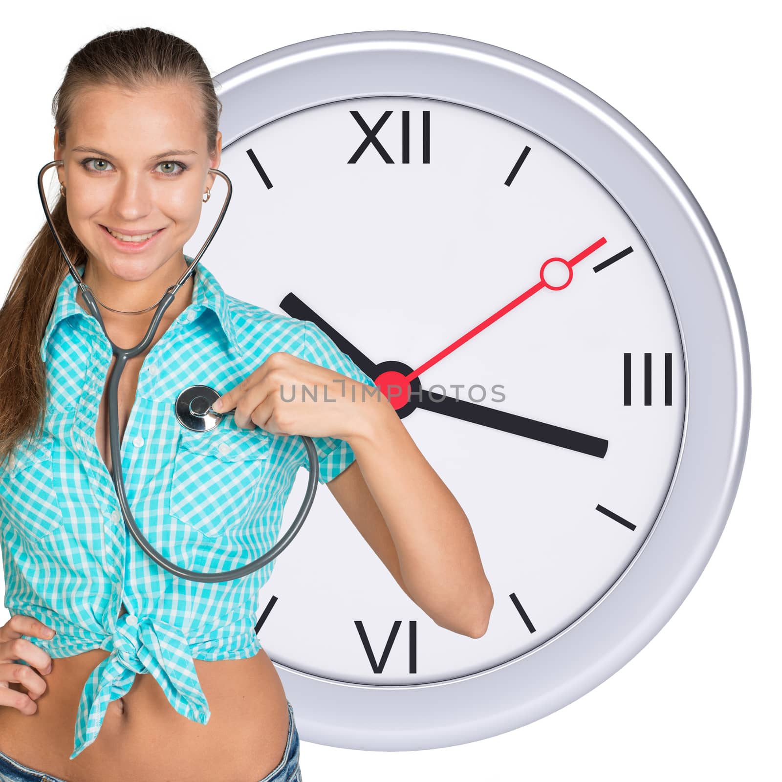 Smiling young woman with stethoscope with clock on background