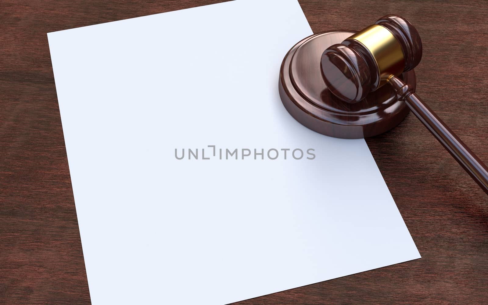 Judge, wooden gavel on the brown wooden background and white, blank paper, Mockup