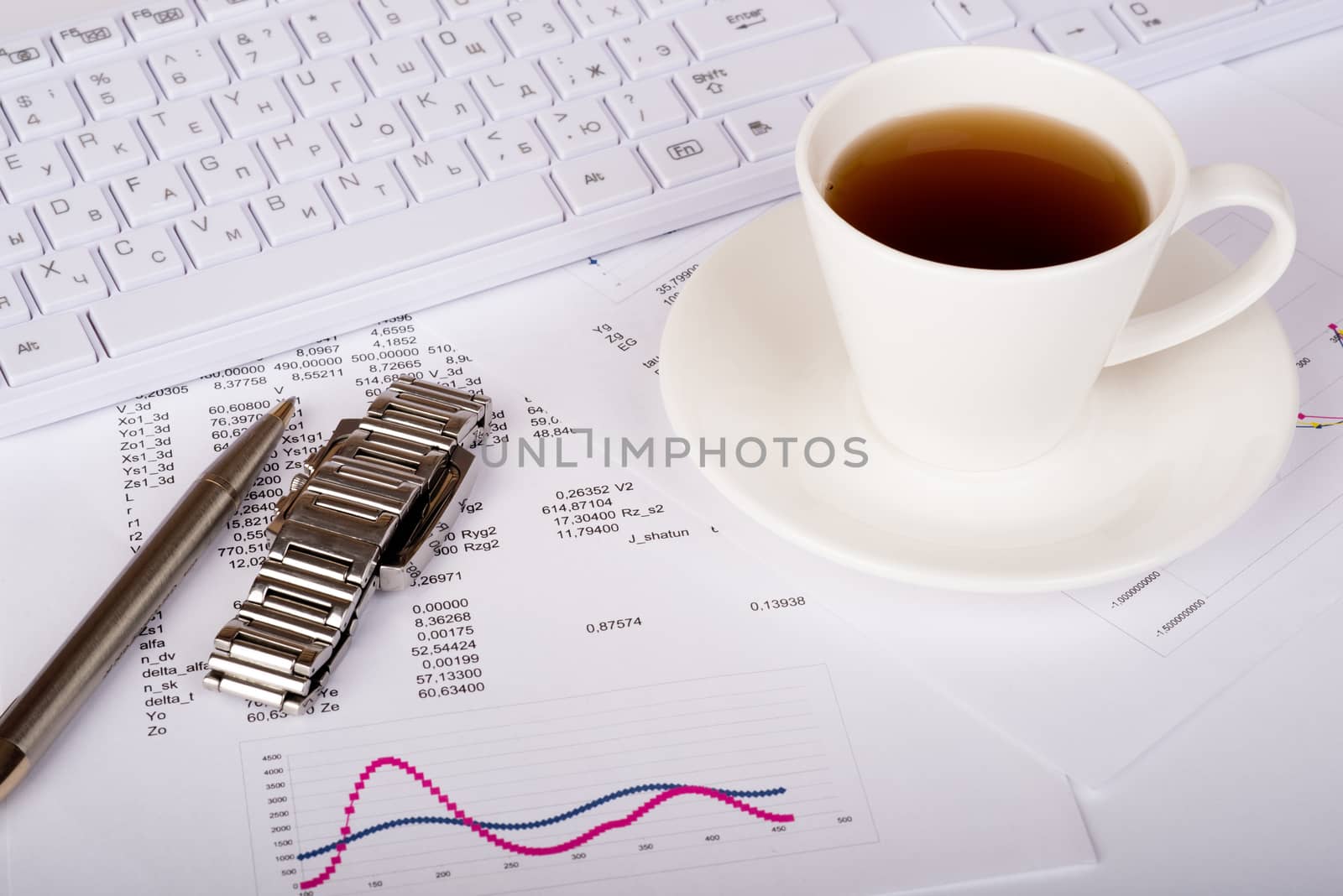 White keyboard with coffee cup, watch and documents