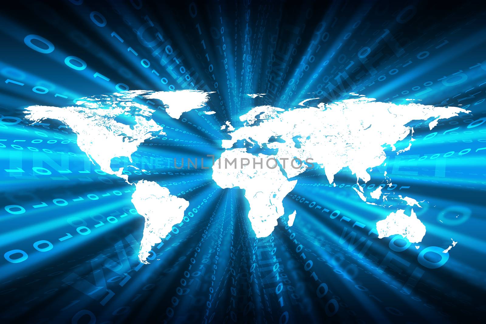 Abstract matrix blue background with numbers, world map and business words