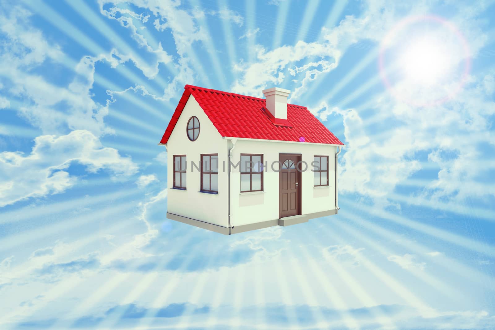 House on blue sky background with stripes