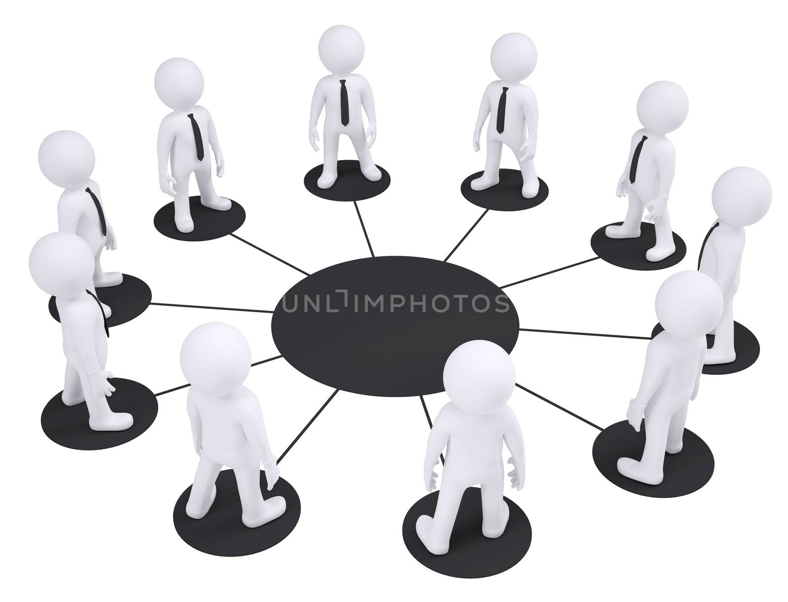 Group of puppet people around one puppet on isolated white background, side view