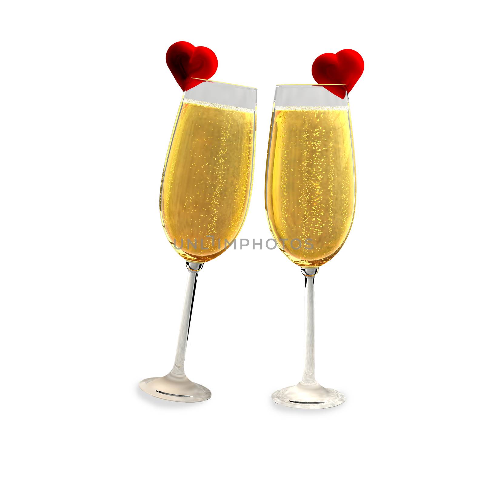 Two champagne glasses with two red hearts on a white background which symbolizes love.