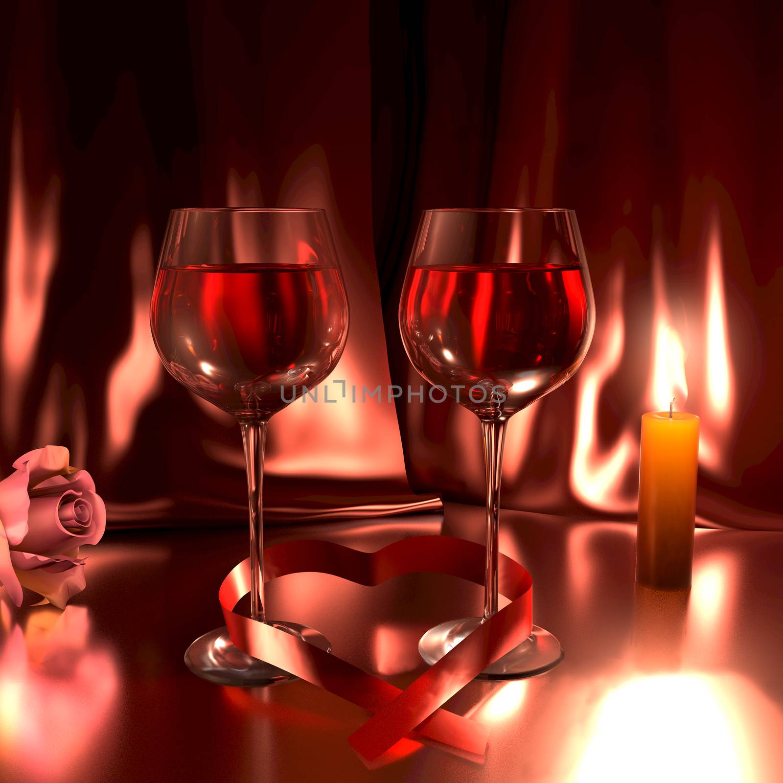 Romantic scene with two glasses of good red wine, a rose, and a lit candle. This illustration symbolizes love.