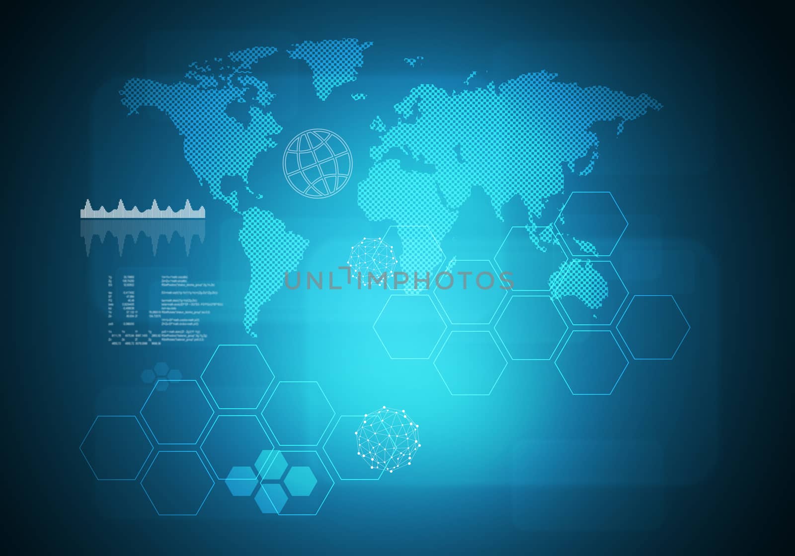 Abstract blue background with virtual world map and graphical chart