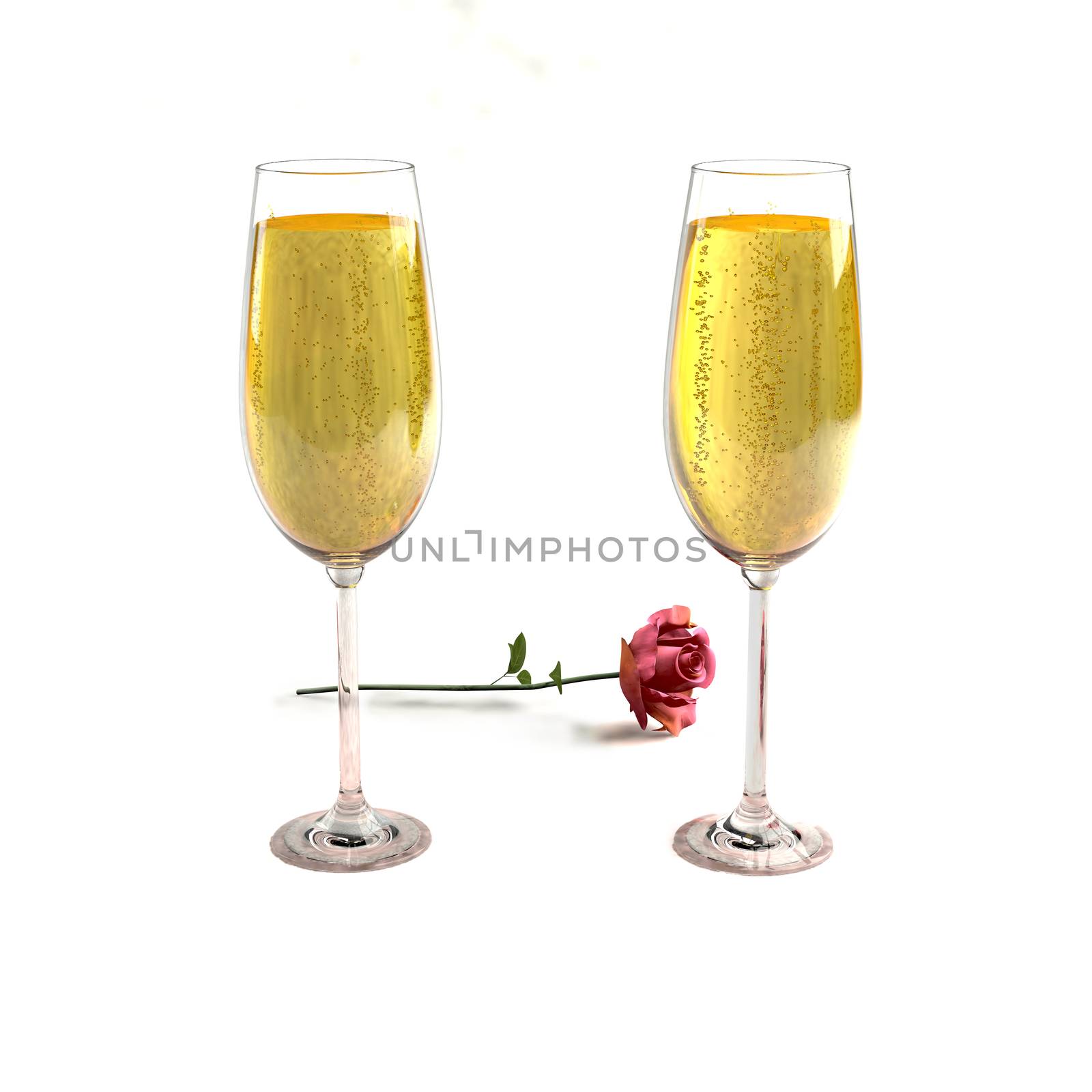 Two glasses of good champagne and a rose on a white background which symbolizes love.