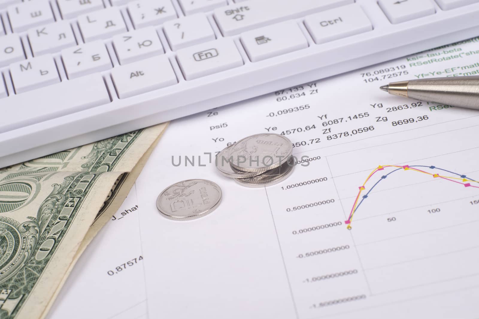 White keyboard with coins, dollars and documents, side view