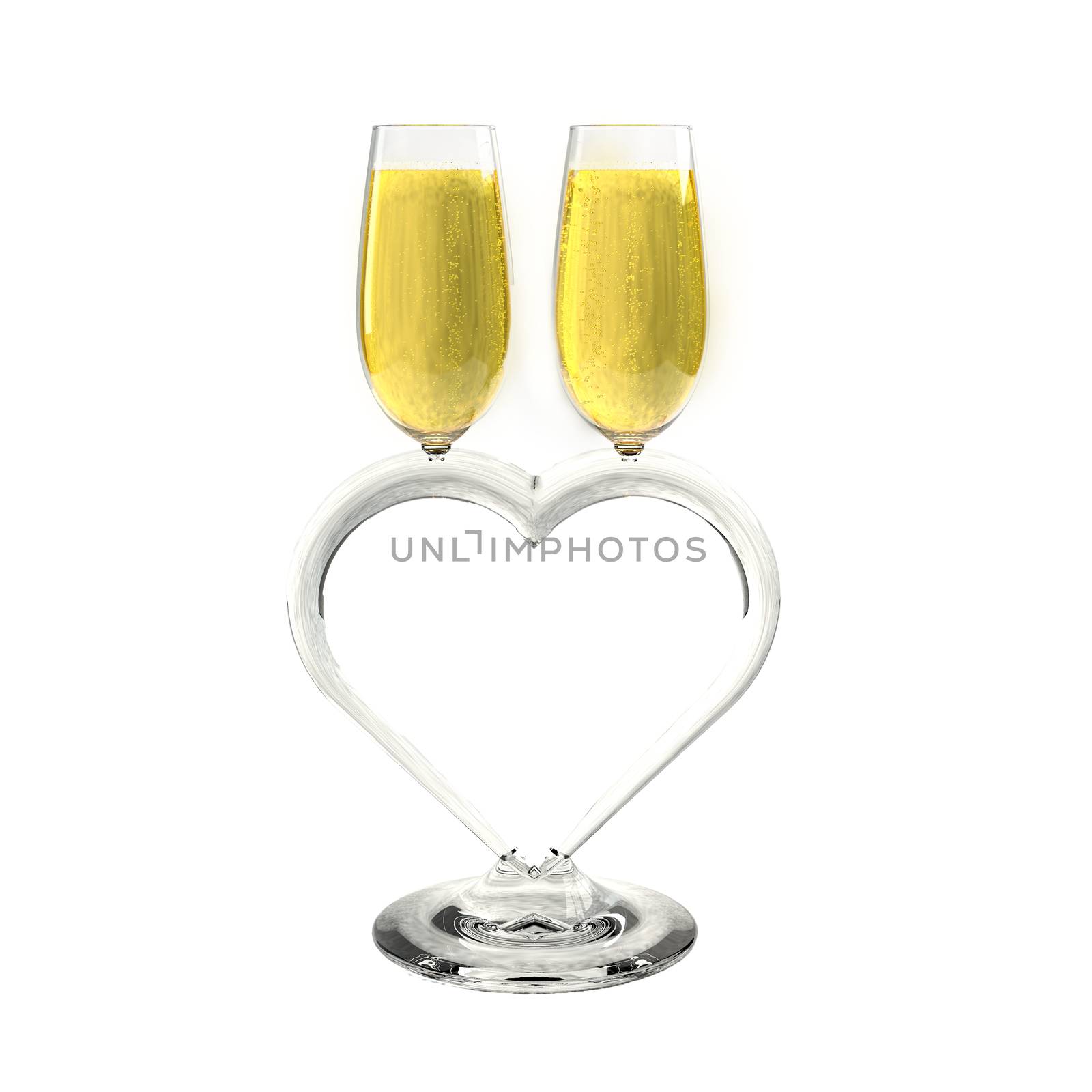 Two champagne glasses heart shaped on a white background which symbolizes love.